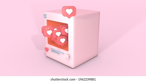 3d Rendering Illustration Of A Social Media Profile Example With Heart, Save And Like Symbols And Icons And A Character Cartoon Style Inside