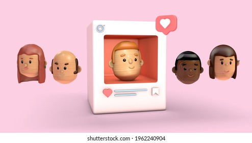 3d Rendering Illustration Of A Social Media Profile Example With Heart, Save And Like Symbols And Icons And A Character Cartoon Style Inside