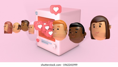 3d Rendering Illustration Of A Social Media Profile Example With Heart, Save And Like Symbols And Icons And A Character Cartoon Style Inside
