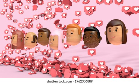 3d Rendering Illustration Of A Social Media Profile Example With Heart, Save And Like Symbols And Icons And A Character Cartoon Style Inside