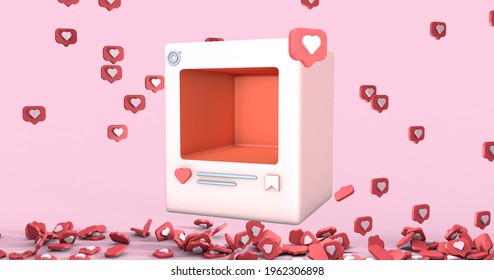 3d Rendering Illustration Of A Social Media Profile Example With Heart, Save And Like Symbols And Icons And A Character Cartoon Style Inside