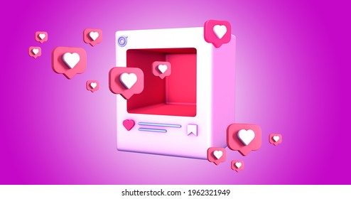 3d Rendering Illustration Of A Social Media Profile Example With Heart, Save And Like Symbols And Icons And A Character Cartoon Style Inside