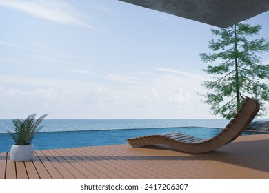 3D Rendering : Illustration soft couch at wood deck outdoor rest area. pool villa high luxury seaview. blue sea and sky summer for relax with family. happy time. sun deck of resort. chill out summer.