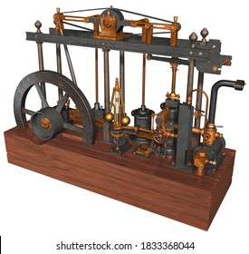 3D Rendering Illustration Of A Steam Engine Devised, Built And Perfected By Scottish Inventor James Watt Patented In 1769; Based On The Parallel Motion Of Different Metal Components With Wooden Base.