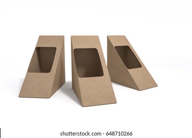 3D Rendering : Illustration Of Three Brown Cardboard Triangle Box Packaging For Sandwich. Food. Isolated On White Background. Mock Up Template Ready For Your Design. Copy Space