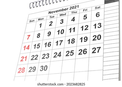 3d Rendering Illustration Of A Wall Calendar Open On November 2021