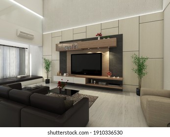3d rendering, 3d illustration - Wall Tv Panel Cabinet for Living Room Design. Using light  and dark wooden grain material combination with simple table. Including sofa with dark fabric. 