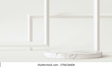 3D Rendering - Illustration White Marble Pedestal Isolated On White Background, Modern Minimal Concept, Empty Stage, Abstract Geometry Shape Pastel Color, Cosmetic Background For Product Presentation.