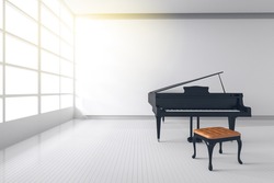 3d Rendering : Illustration Of White Room With Black Wooden Open Grand Piano And Chair Standing Close Window. Light From Outside. Minimalist Interior Design With Copy Space. Classic Modern Music Room