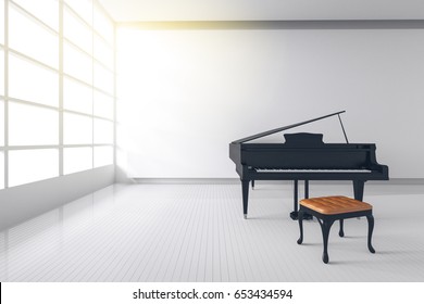 3d rendering : illustration of White room with black wooden open grand piano and chair standing close window. light from outside. Minimalist interior design with copy space. classic modern music room