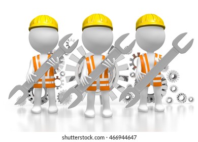 3D rendering/ 3D illustration - workers holding wrenches - great for topics like service, mechanics, experts etc.