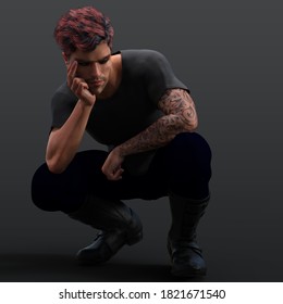3D Rendering Illustration of Young Urban Fantasy Man Male Model with Tattoos and Dark Clothing and Boots, Red Hair Isolated Against Dark Background