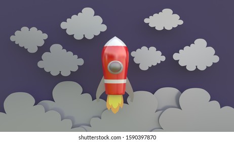 3d rendering, 3d illustrator, Cartoon red spaceship Rising into the sky through the clouds
