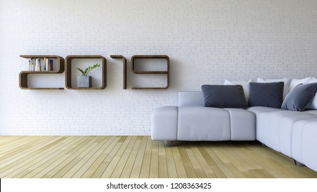 3d rendering image of 2019 wooden shelf on white brick wall. white sofa set on the wooden floor. background for new year festival.