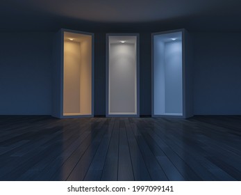 3D Rendering Image Of 3 Boxes Which Different Light Effect.Color Temperature Scale. Spectrum Color On The Cracked Concrete Wall And Wooden Floor