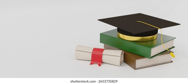 3D Rendering Image. 4K Photo of Graduation Cap, Books, and Diploma Isolated on White Background with Studio Lighting. Metallic Gold and Black Fabric Material.