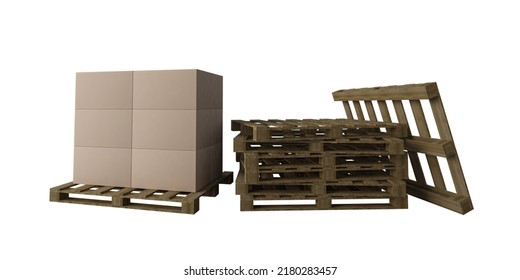 3d Rendering Image Of Boxs On Wooden Pallet, PSD-logo Mockup In Smart Object Layer On Box. Wall Texture Mockup
 