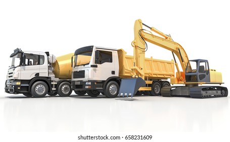 3d Rendering Image Of A Cement Mixer, Truck And Excavator