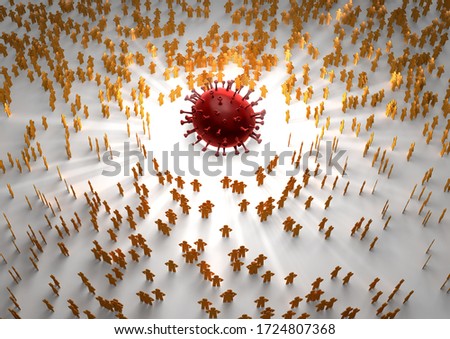 A 3D rendering image of corona virus in center and orange color human symbol dolls stand around with center light glow inside out and diffuse shadow on white floor
