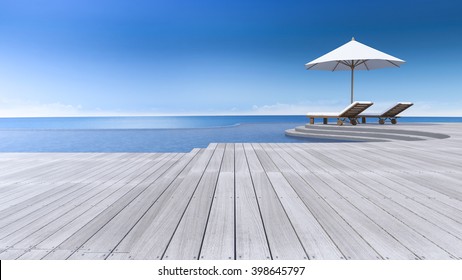 3D rendering image of daybed and umbrella on curve wooden terrace, step floor, sea view, infinity swimming pool