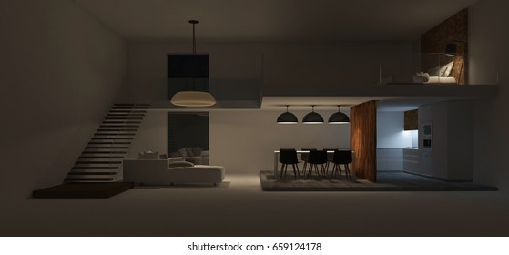 3d rendering image of double space interior design. double ventilation design. cross section view shown the space of house. Night view perspective