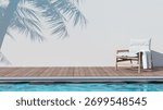 3d rendering image of easy chair on poolside wooden terrace with coconut leaves shadow casting on the wall. Represent image feeling of vacation, party, poolside atmosphere, travel or summer.