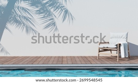 3d rendering image of easy chair on poolside wooden terrace with coconut leaves shadow casting on the wall. Represent image feeling of vacation, party, poolside atmosphere, travel or summer.