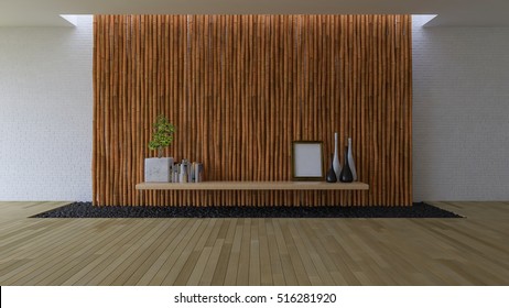 3D Rendering Image Of Empty Room Which Have Bamboo And Brick Wall, Wooden Floor Which Have Filled Black Stone In The Hole,minimalist Decoration Style Interior Design, Simple Living Space Design