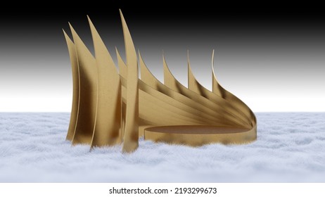 A 3d Rendering Image Of Golden Stage Which Have Curved Screen As Background.