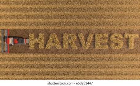 3d rendering of Image of a harvester reaping the crops in shape of the word 