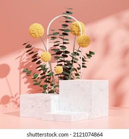 3D rendering image illustration of empty space podium display for product mockup natural background