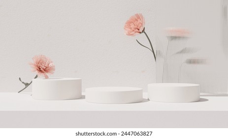 3D rendering image illustration of empty space podium display for product mockup flower background