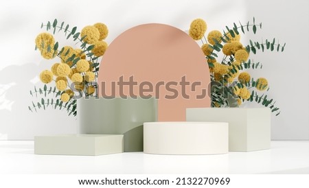 3D rendering image illustration of empty space podium display for product mockup natural background
