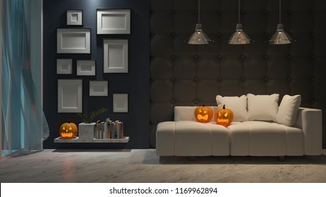 3d rendering image of interior design in halloween festival. Pumpkin head on sofa, Trick or thread. 