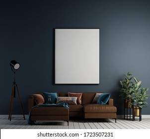 3D rendering image of Modern living room interior design idea and blue  wall texture background and picture frame 