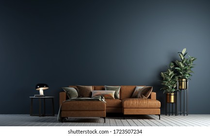3D rendering image of Modern living room interior design and blue wall texture background 