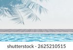 3d rendering image of poolside wooden terrace with coconut leaves shadow casting on the wall. Represent image feeling of vacation, party, poolside atmosphere, travel or summer.