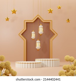 3d Rendering Image Of Ramadan And Eid Fitr Theme Podium Background With Islamic Decoration Objects