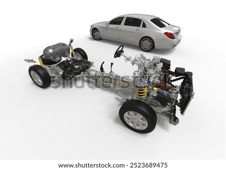 3D rendering image representing development of  a car with the mechanical parts outside of the body