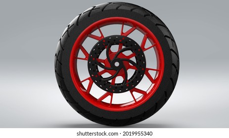 3D Rendering Image.Red Rim. Black Tyre. Front Bike Wheel  Left View