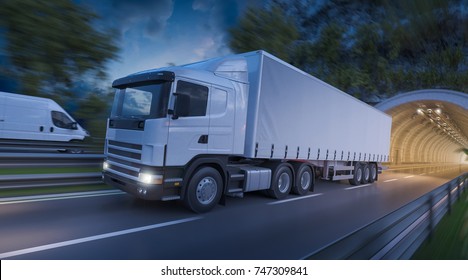 3d Rendering Of Image Of A Semi Trailer Truck And A Delivery Van On The Road