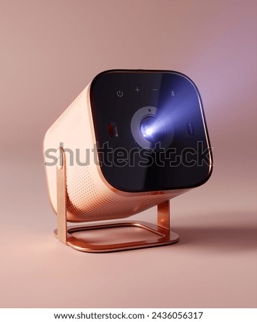 3D rendering image showcases a stylish and elegant mini projector in a beautiful pink gold and pastel pink color scheme. Perfect for presentations, this projector displays clear and crisp images.