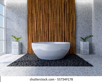 3d rendering image of toilet interior design. minimal concept, day time perspective, Bamboo wall and floor.