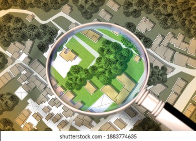 3D rendering of an imaginary city map with residential buildings, roads, gardens green areas and trees - green city concept image seen through a magnifying glass.