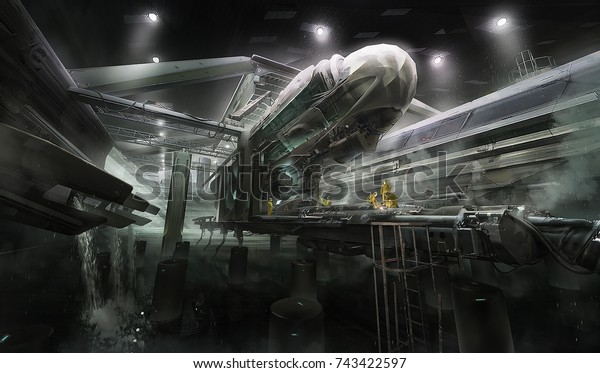 想像的な未来的なsfファンタジーの空想的な研究施設を車両船用に3dレンダリング のイラスト素材