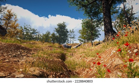 3D rendering. An immersive natural environment. Landscape to illustrate sustainable development goals, and ecosystem protection.