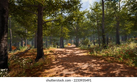 3D rendering. An immersive natural environment. Landscape to illustrate sustainable development goals, and ecosystem protection.