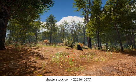 3D rendering. An immersive natural environment. Landscape to illustrate sustainable development goals, and ecosystem protection.