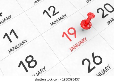3d rendering of important days concept. January 19th. Day 19 of month. Red date written and pinned on a calendar. Winter month, day of the year. Remind you an important event or possibility.