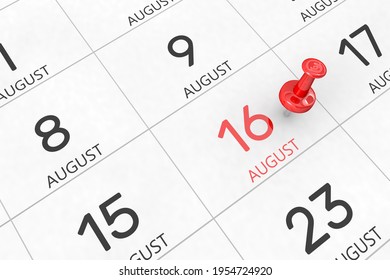 3d rendering of important days concept. August 16th. Day 16 of month. Red date written and pinned on a calendar. Summer month, day of the year. Remind you an important event or possibility.